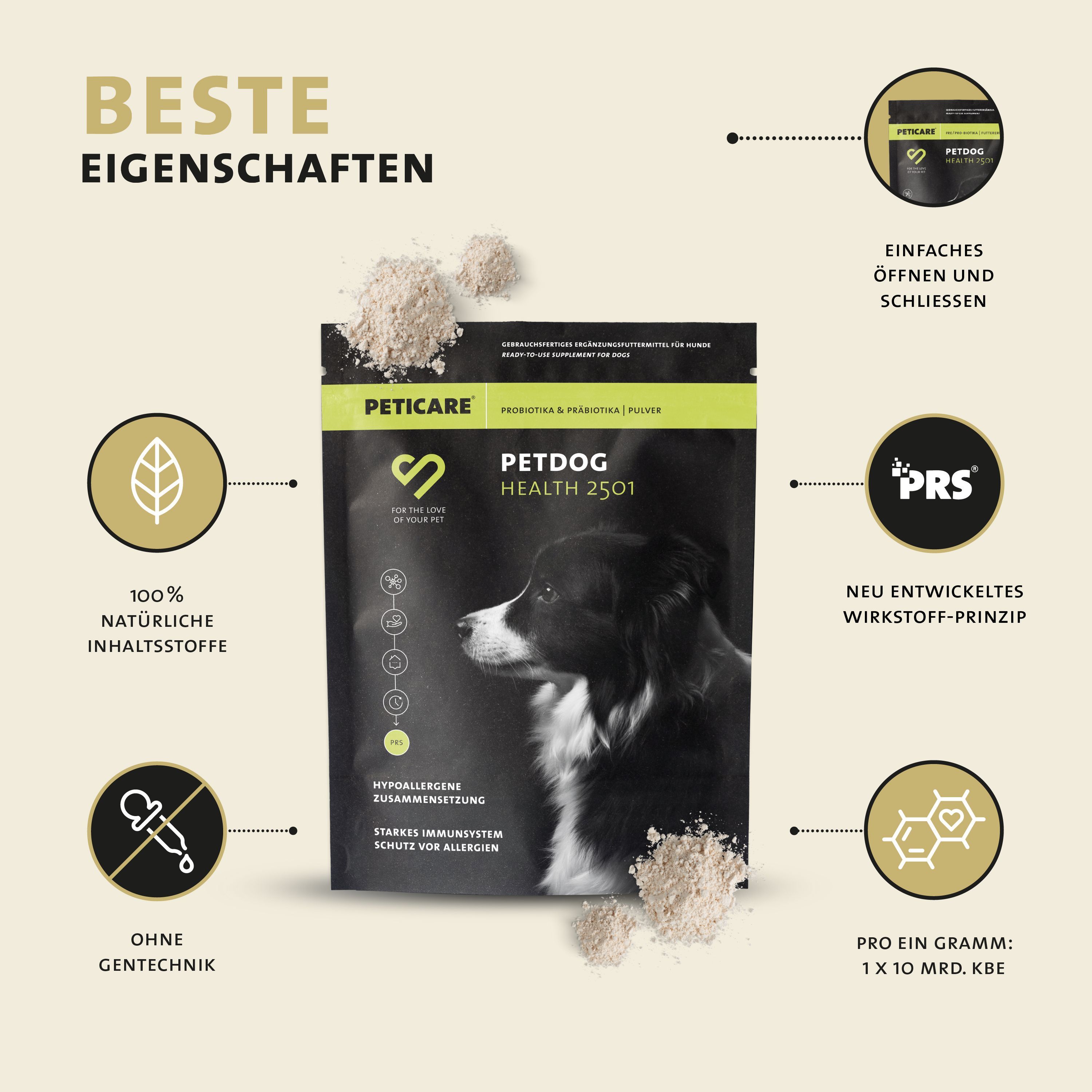 Peticare Probiotika & Präbiotika Pulver für Hunde, Darm-Sanierung, Darmflora