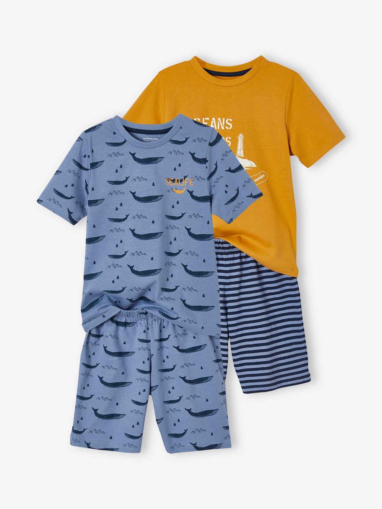 Conjunto de 2 pijamas com shorts, certificado Oeko-Tex®, para meninos, amarelo liso tamanho médio com estampa de baleia.