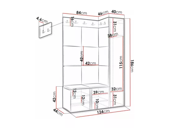 Meuble d'entrée Hartford 385, 186x124x46cm, Noir, MDF|Stratifié|Faux cuir
