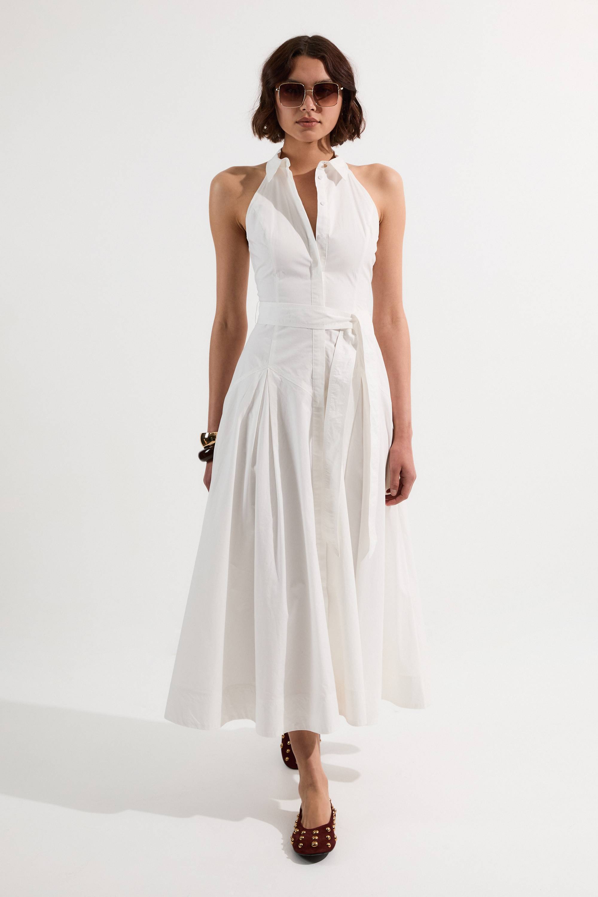 KarenMillen Robe Chemise Midi Tissée En Coton Avec Col Halter Et Taille Basse Pour Petite Stature