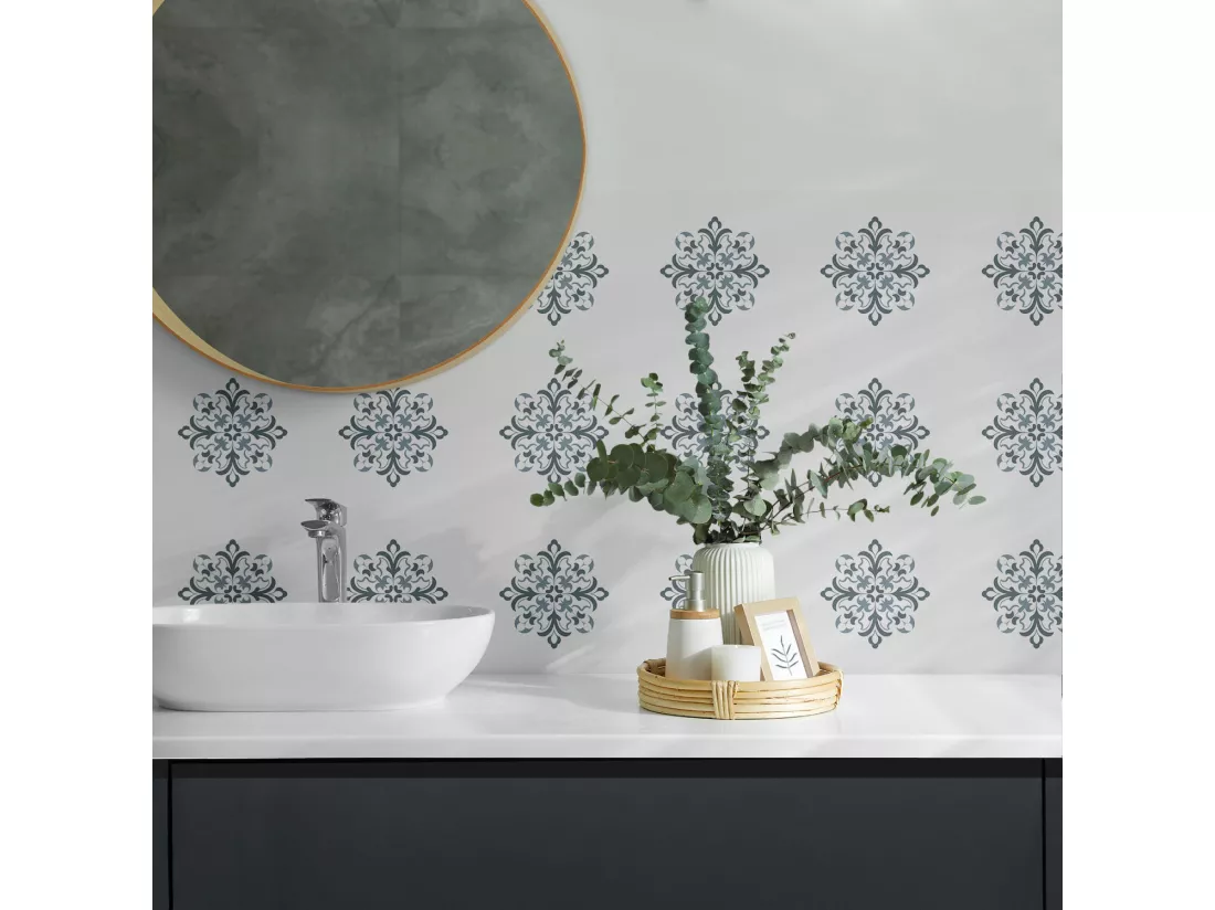 Carreaux autocollants PVC, Carrelage PVC adhésif - 20x20x20 - Motif floral en symétrie