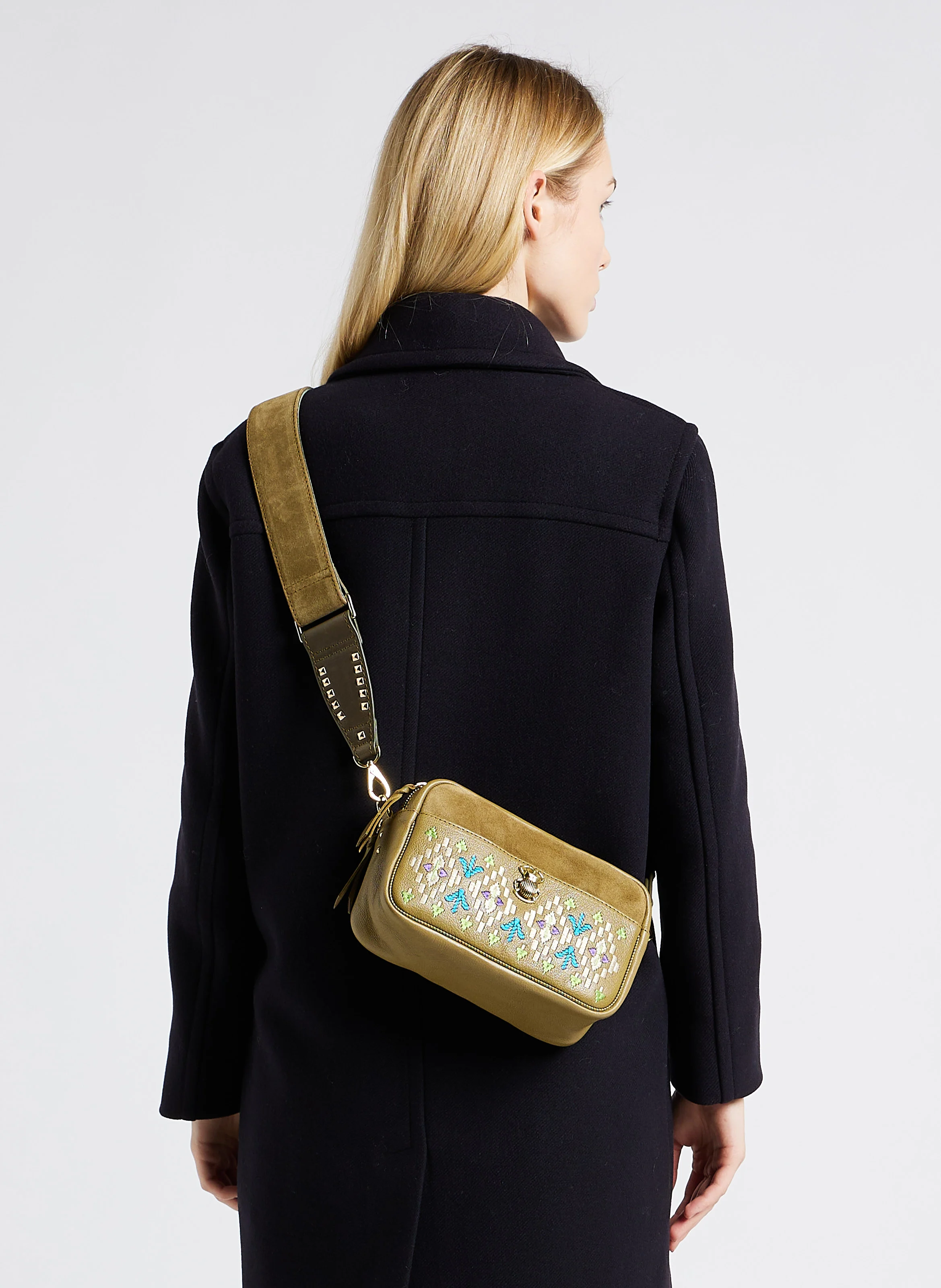 LILY - Sac bandoulière en cuir brodé | Kaki