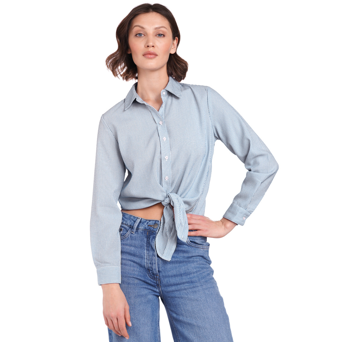Gina Damen Hemdbluse mit Knoten-Detail blau / weiss