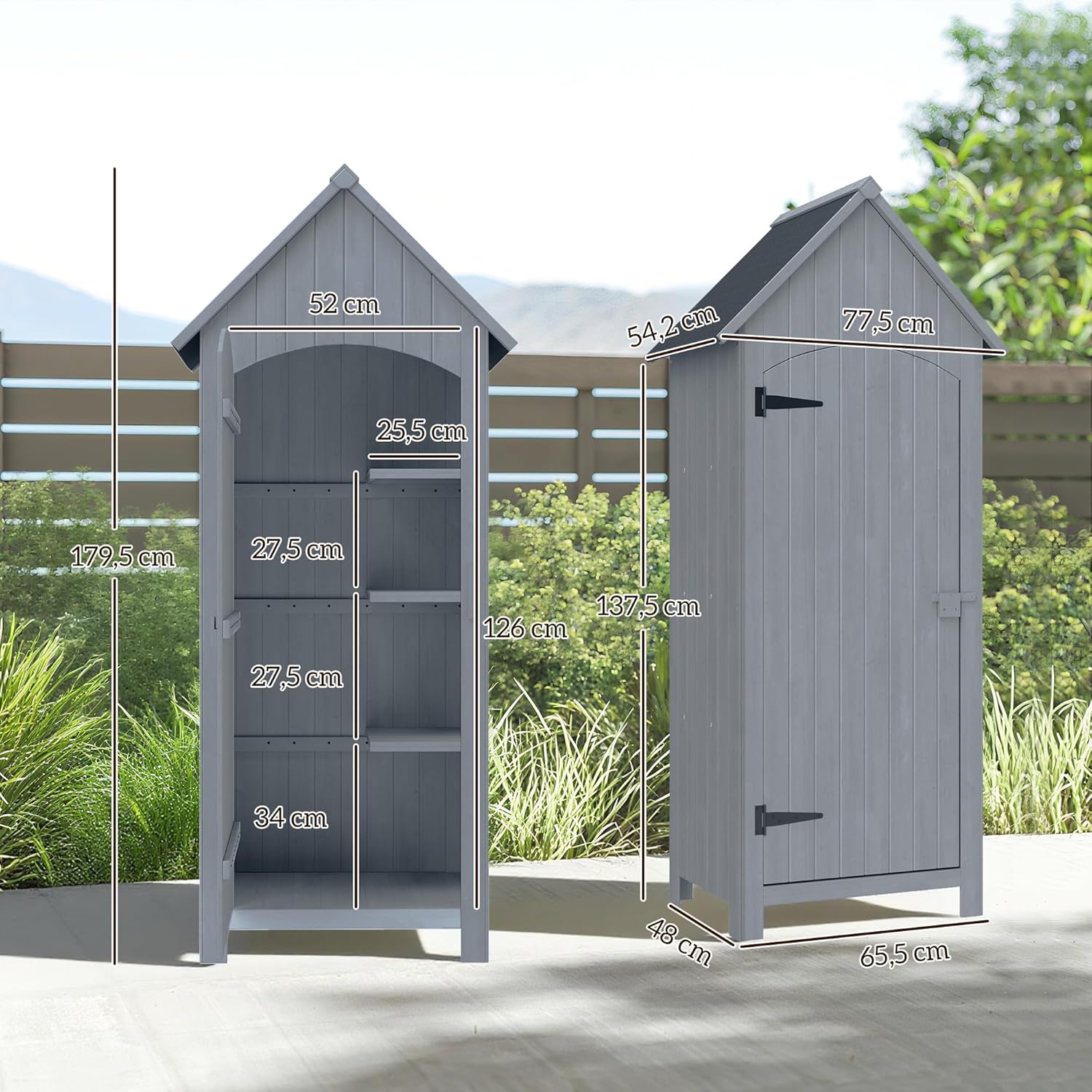 Outsunny Gartenschrank Holz Gerätehaus Gartenhaus Geräteschuppen Geräteschrank Holzhütte Giebeldach Bitumenpappe Grau 77,5 x 54,2 x 179,5 cm