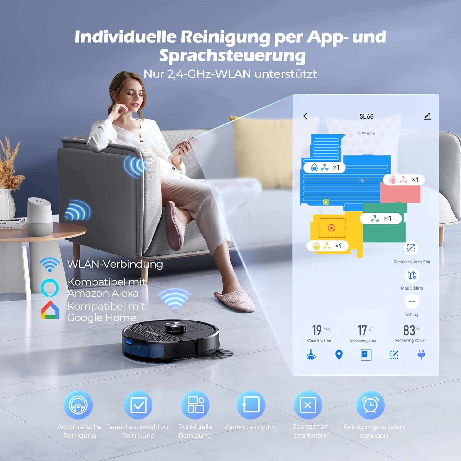 Lubluelu Saugroboter mit Absaugstation 3-in-1, 4500Pa Staubsauger Roboter mit Wischfunktion, Roboterstaubsauger mit Lasernavigation, App Steuerung, 24 No-Go Zonen für Tierhaare, Teppich (SL68 Plus)