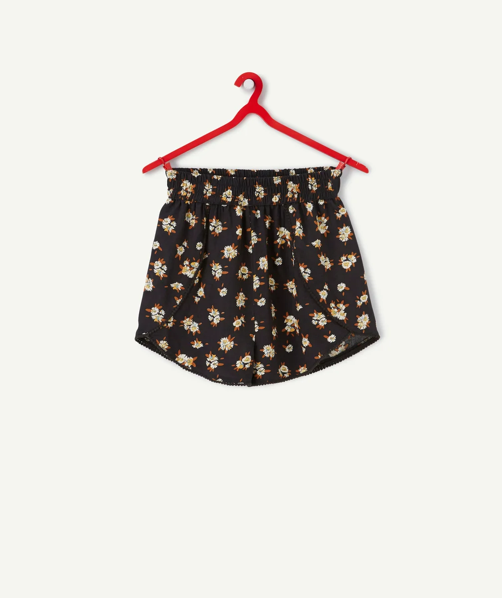 SHORT FLUIDE FILLE NOIR EN VISCOSE RESPONSABLE IMPRIMÉ FLEURI
