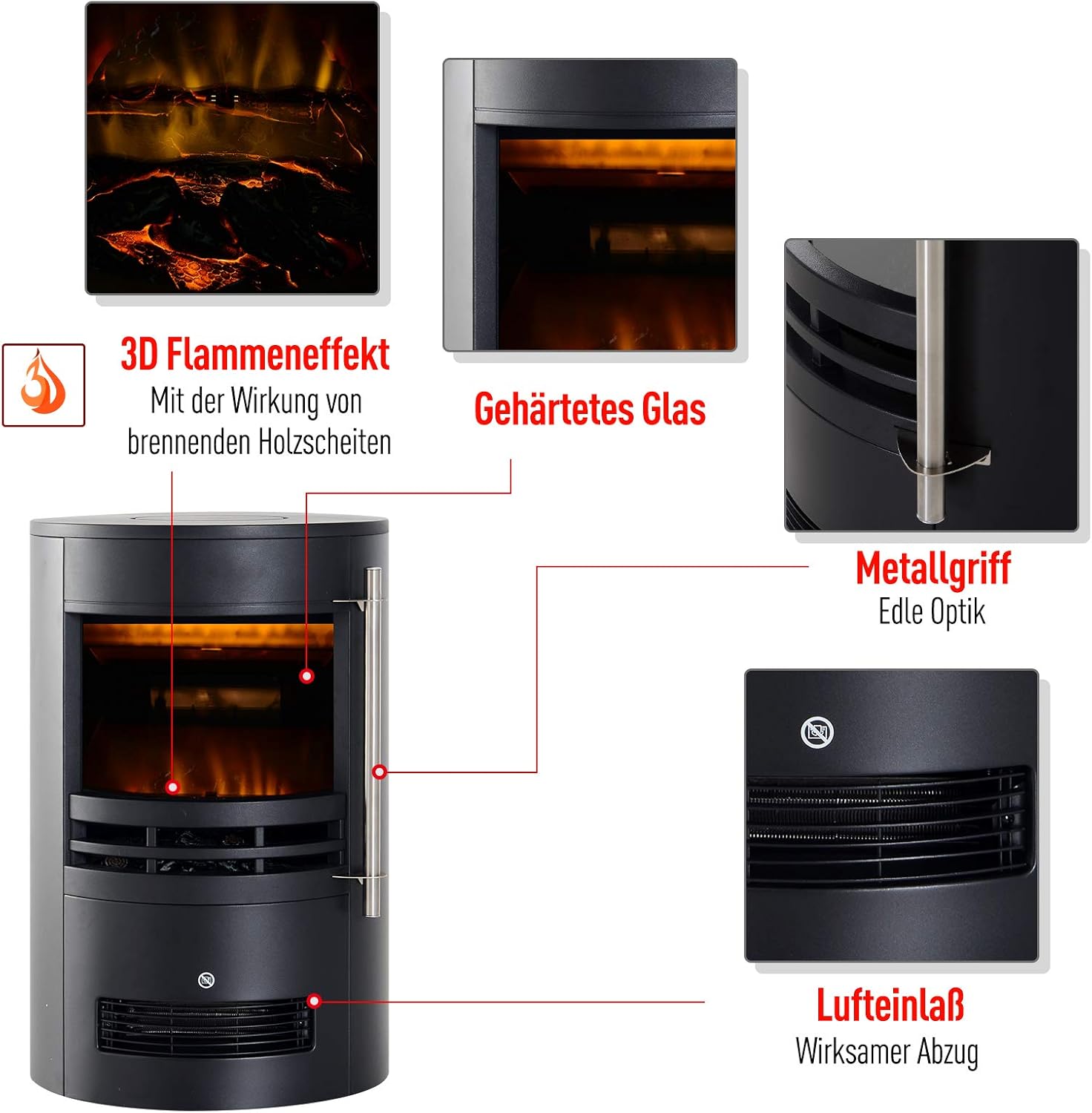 HOMCOM Elektrokamin mit Heizung, elektrischer Kamin mit LED Flammeneffekt, 900/2000W Dekokamin, elektrisch Kaminfeuer Kaminofen, Schwarz