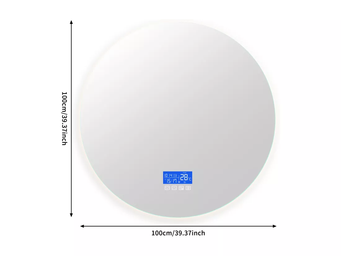 Miroir de salle de bain désembué sans cadre affichage de la température, 3 niveaux de luminosité, rond, diamètre 100cm