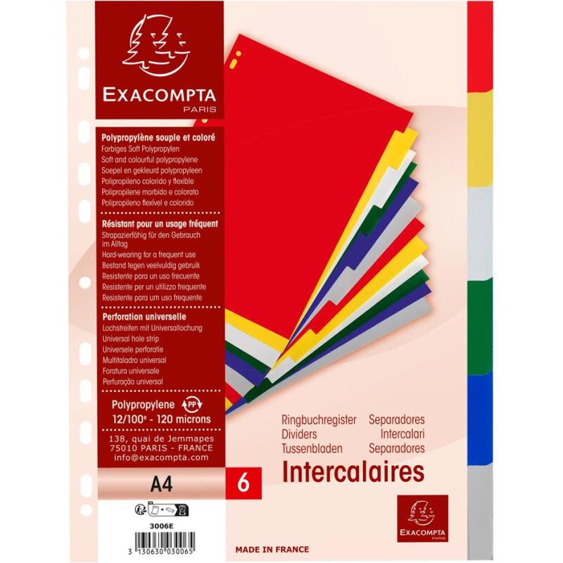 Intercalaires polypropylène souple 6 positions - A4 - Couleurs assorties