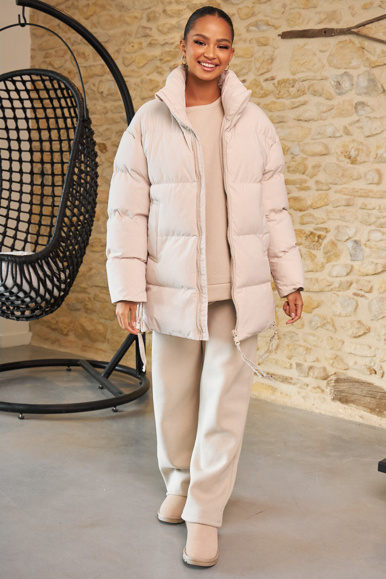 Doudoune beige matelassée mi-longue