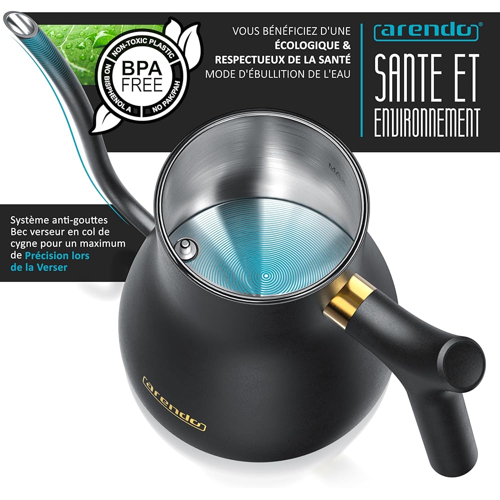 Arendo - Bouilloire éléctrique MIKA 0,5 litre - Station de base 360° - Sélection de 7 températures, de 40 à 100 degrés - Acier inoxydable - Protection contre la surchauffe - Sans BPA - Design japonais : Cuisine et Maison