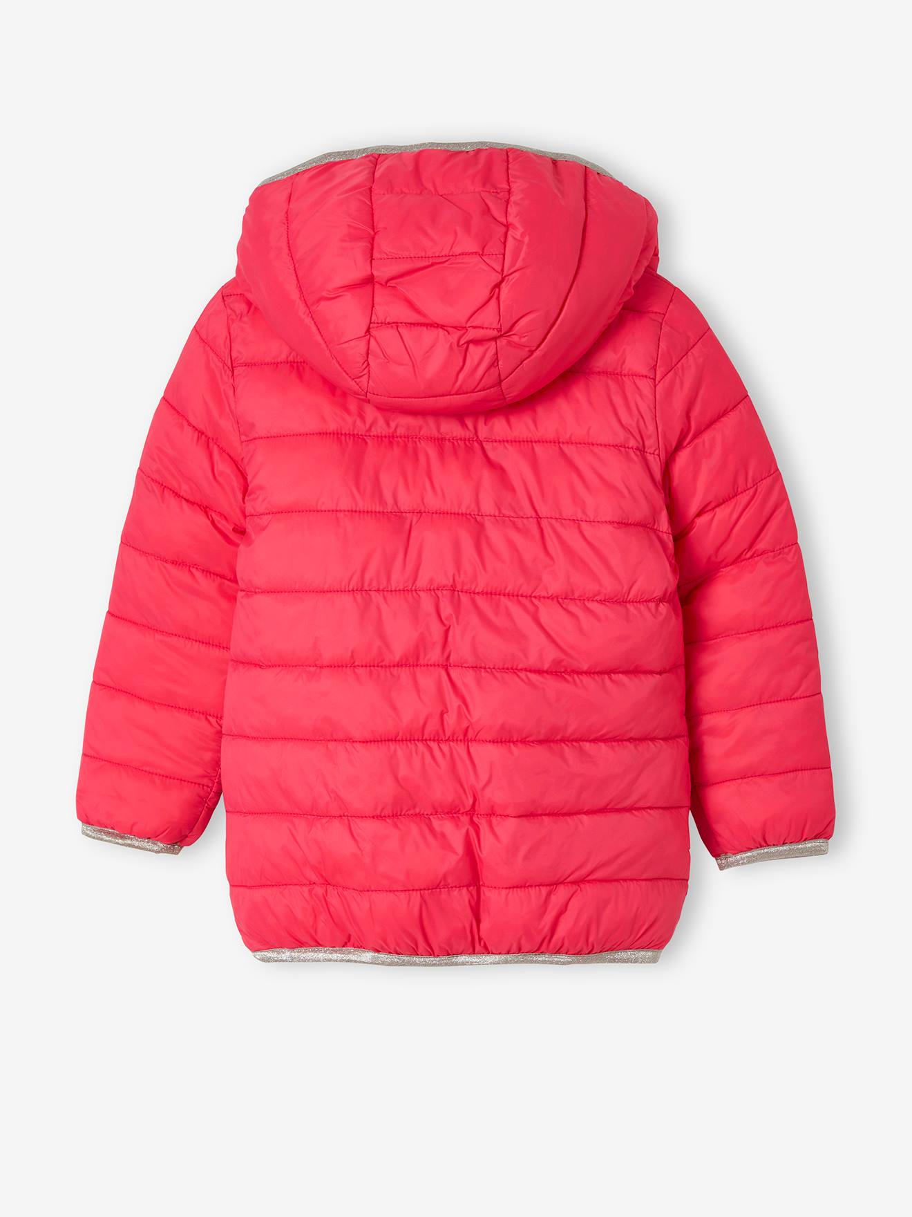 Jaqueta reversível leve com capuz para meninas, estampa rosa vibrante.