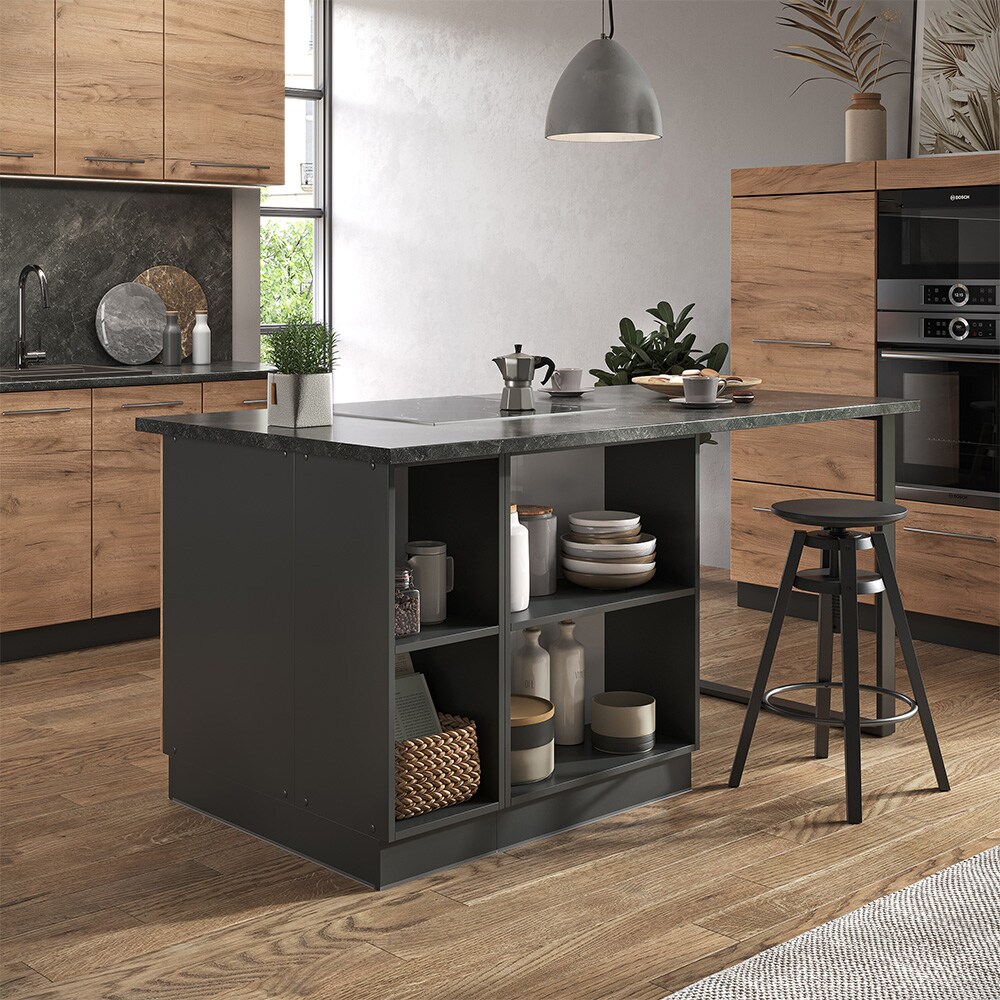 Vicco Kücheninsel Küchenblock Einbauküche Fame-Line Anthrazit Eiche Goldkraft 90 cm modern Hochglanz Küchen Schränke Apothekerunterschrank Schubunterschrank Regalinselunterschrank Softclose-Scharnier Küchenmöbel