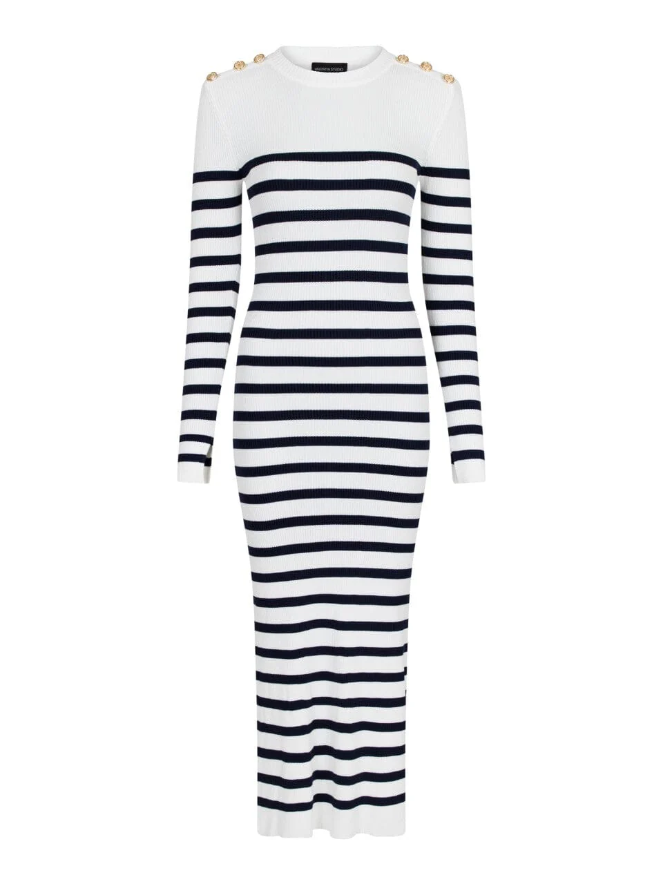 Valentin Studio Gold Button Knit Long Dress navy stripes juni