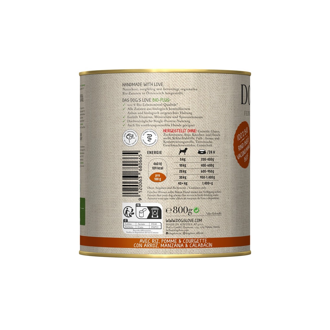 DOG'S LOVE Nassfutter Hund, Adult, Bio 6x800 g Rind mit Reis, Apfel und Zucchini
