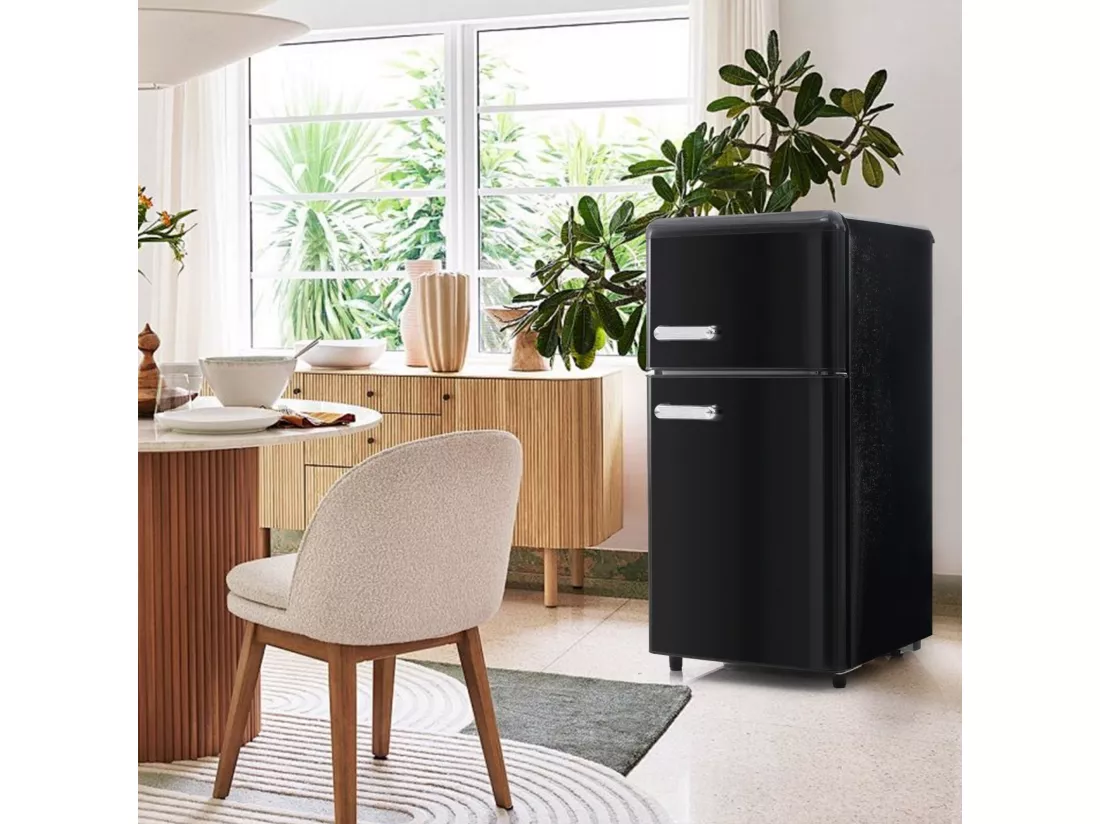 Réfrigérateur à double porte avec pieds réglables et roulettes - 72L - 120kWh/an - Faible niveau sonore de 39 dB - Classe E - 45x46x91cm