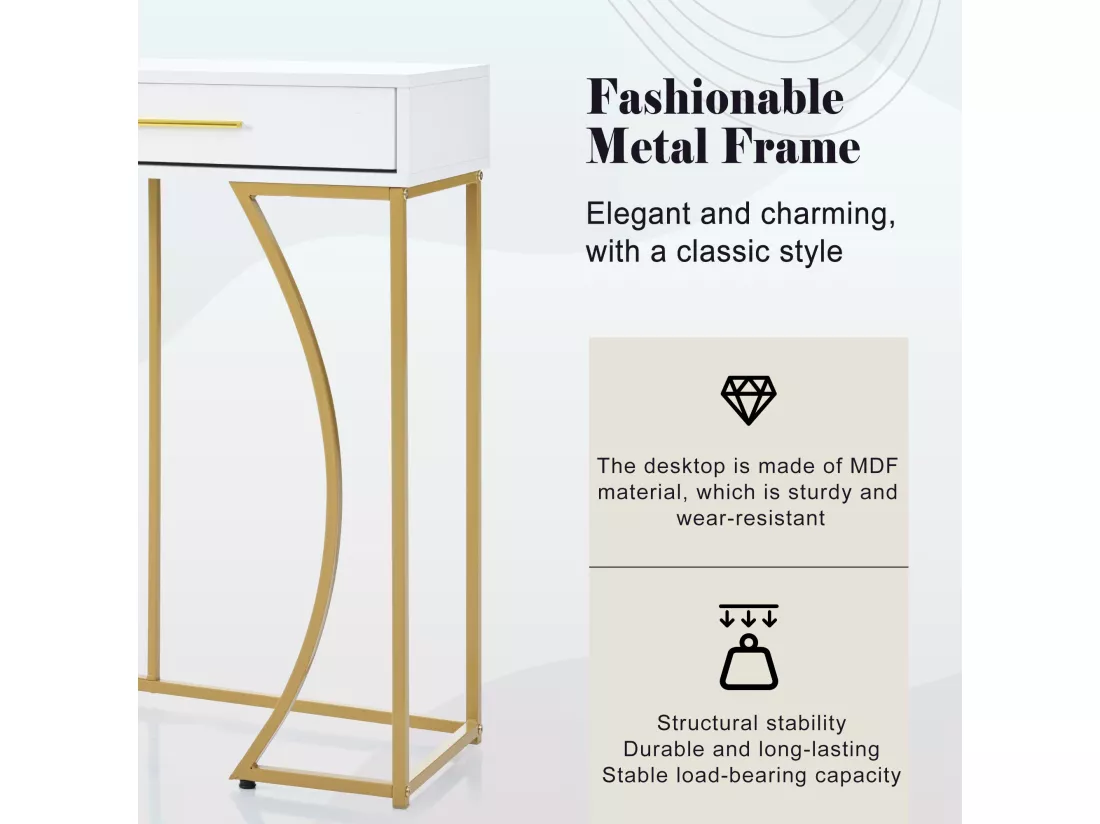 Table Console de Luxe avec 2 Tiroirs, Table d'Entrée en Métal et MDF, Table d'Appoint Élégante, Design Moderne, Blanc/Or