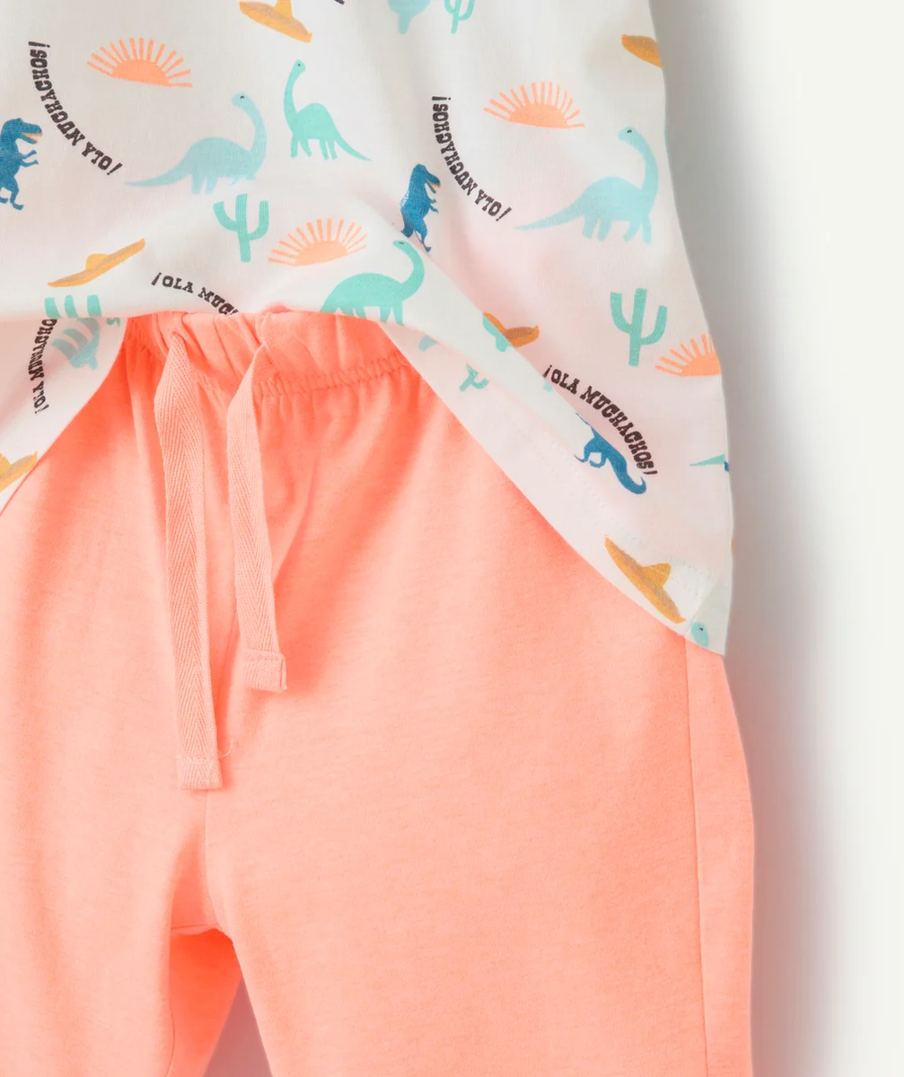 pyjama garçon en fibre recyclées orange fluo et blanc imprimé dinosaures