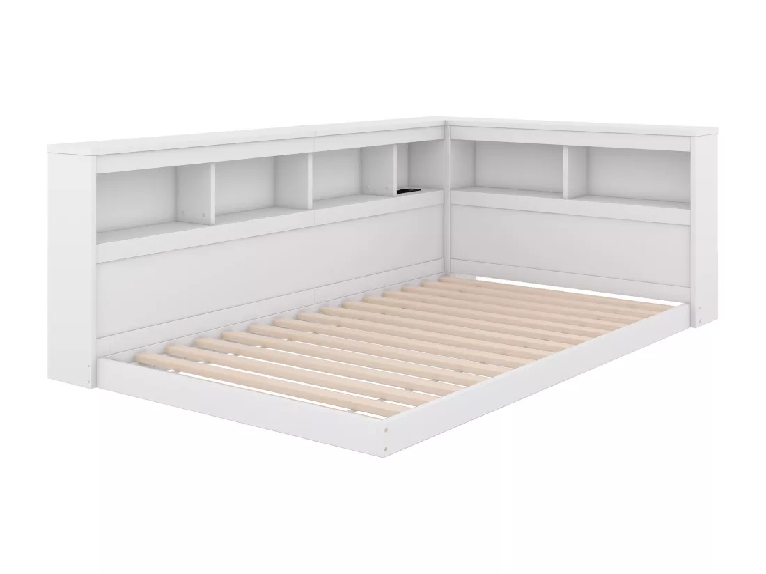 Lit banquette 90x200cm - avec Ports de USB et rangements - Blanc
