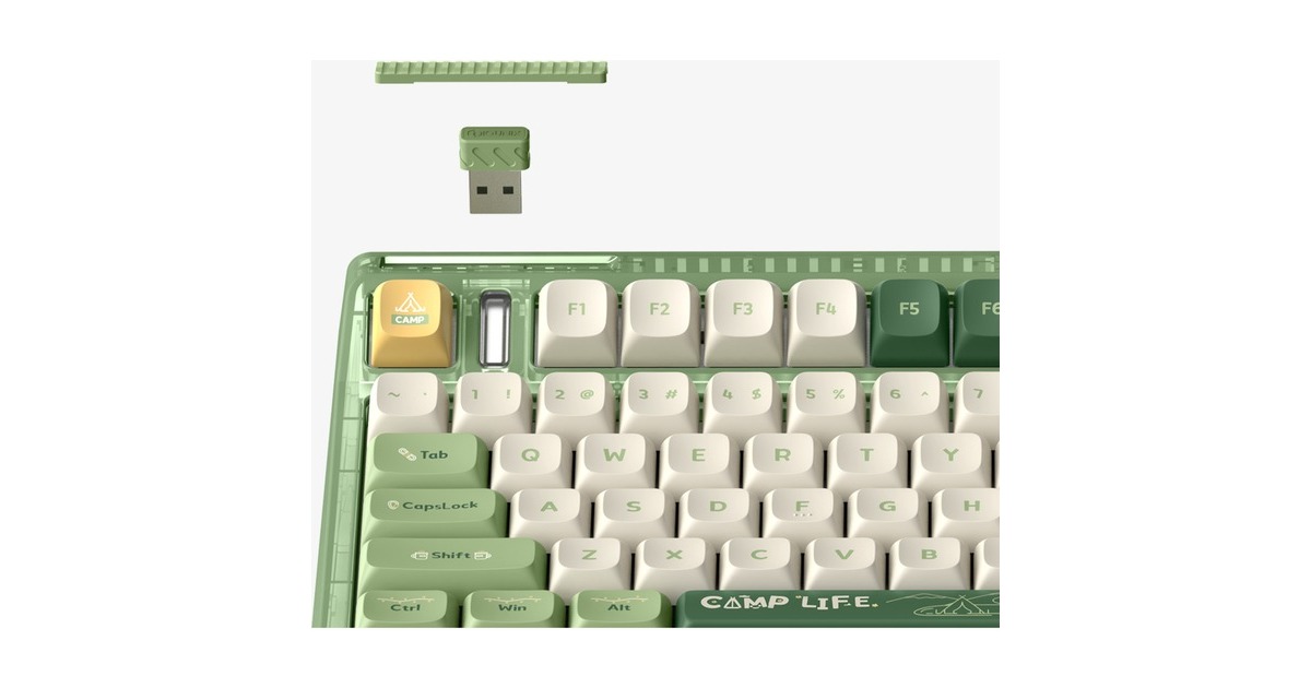 IqunixOG80 Camping Wireless Mechanical Keyboard, gaming toetsenbord  (Groen/oranje, US lay-out, IQUNIX Moonstone, RGB leds, 80% (TKL), Hot-swappable, PBT, 2.4GHz | Bluetooth 5.1 | USB-C)