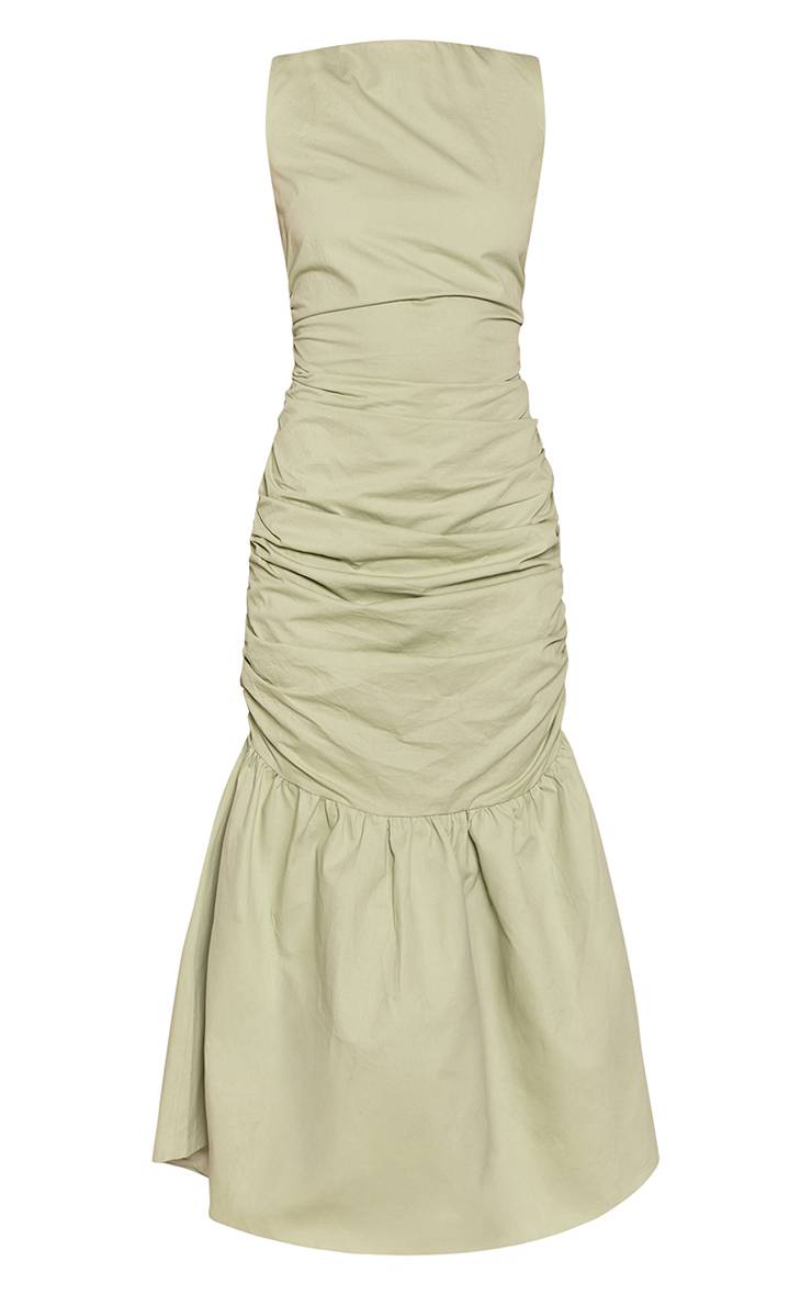 Vert Sauge Robe Mi-longue Froncée À Ourlet Évasé