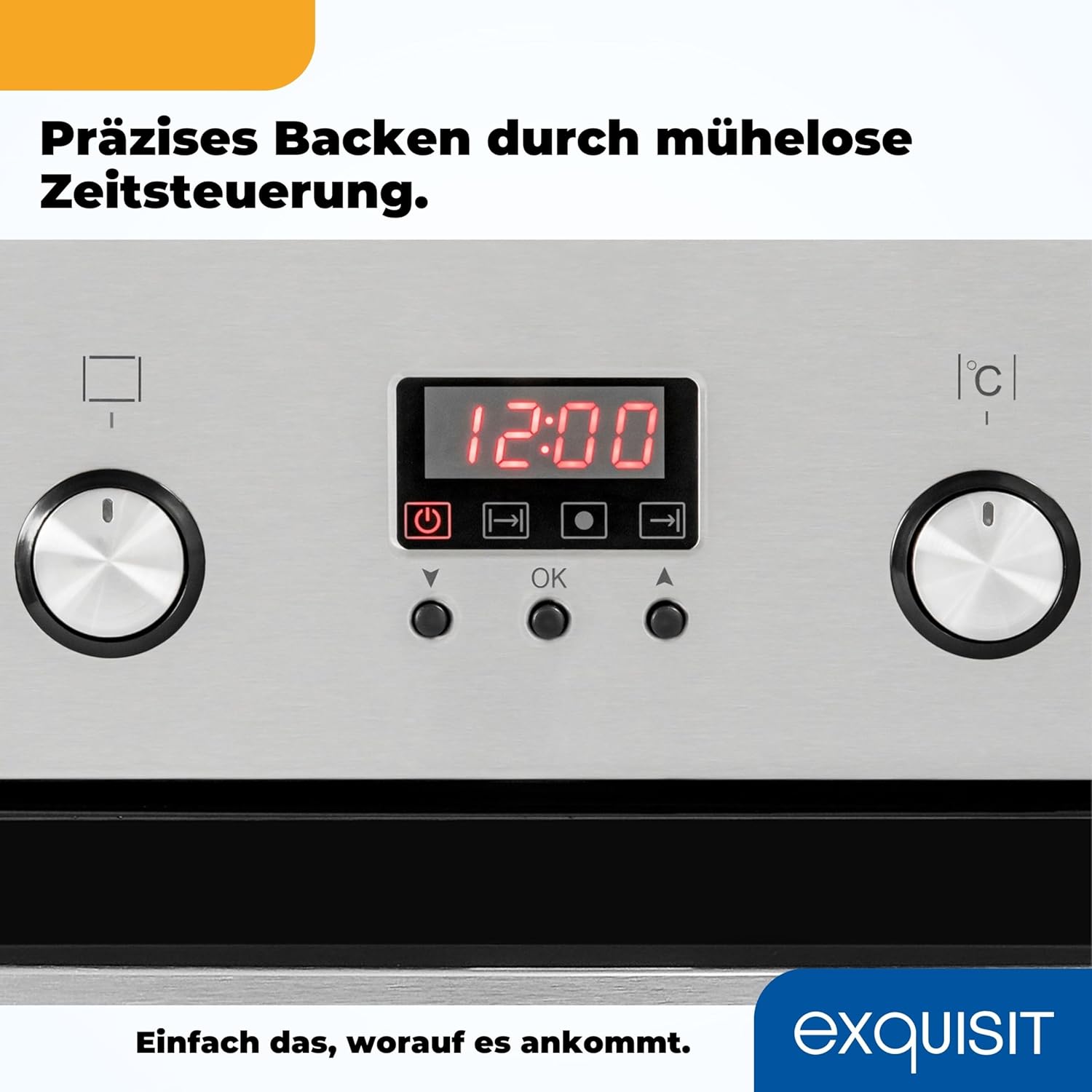 Exquisit EBE 65-1H Einbaubackofen | 58 Liter Backofenvolumen | Heißluft | Timer | versenkbare Knebel | Edelstahl
