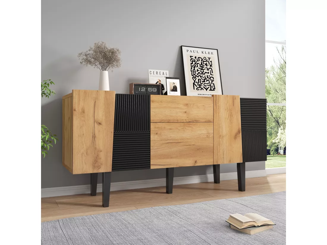 Buffet avec 4 portes et 2 tiroirs, meuble TV - 140 x 40 x 70 cm - Panneaux de particules et pieds en bois massif - Chêne