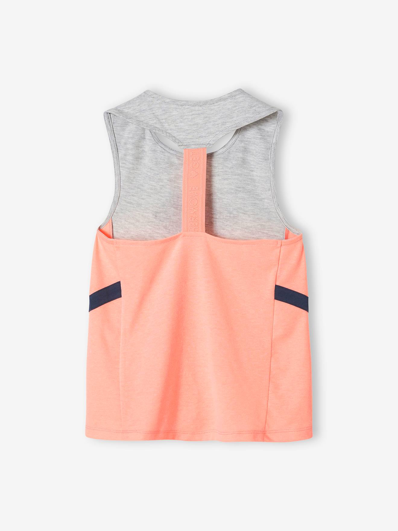 Camiseta esportiva feminina lisa, sem mangas, cinza claro, com estampas.