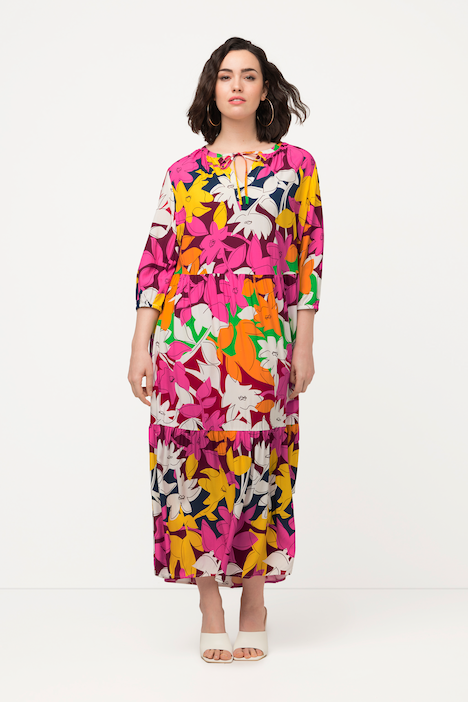 Kleid, Blüten, A-Linie, Tunika-Ausschnitt, 3/4-Arm