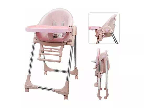 Chaise Haute Bébé Pliable Evolutive, Chaise Haute Enfant Réglable, Nettoyage facile, Avec Roulettes, Rose