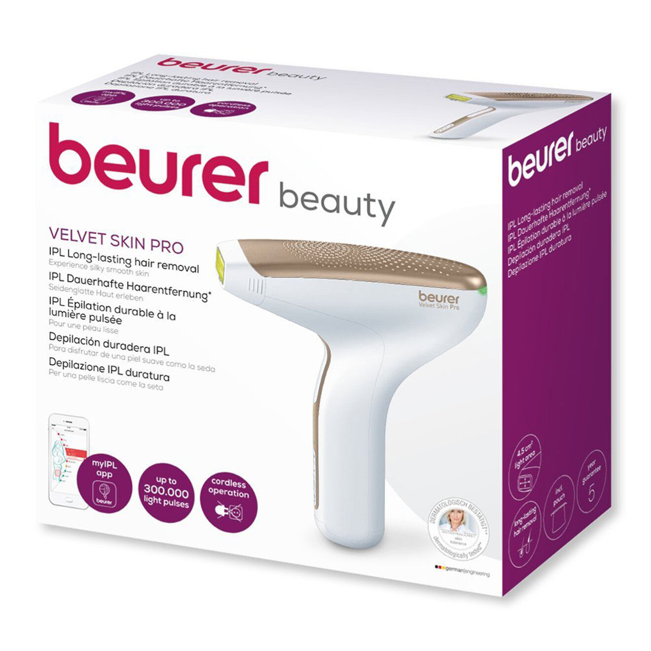 Beurer Épilateur à lumière pulsée sans fil 300 000 flash blanc/doré