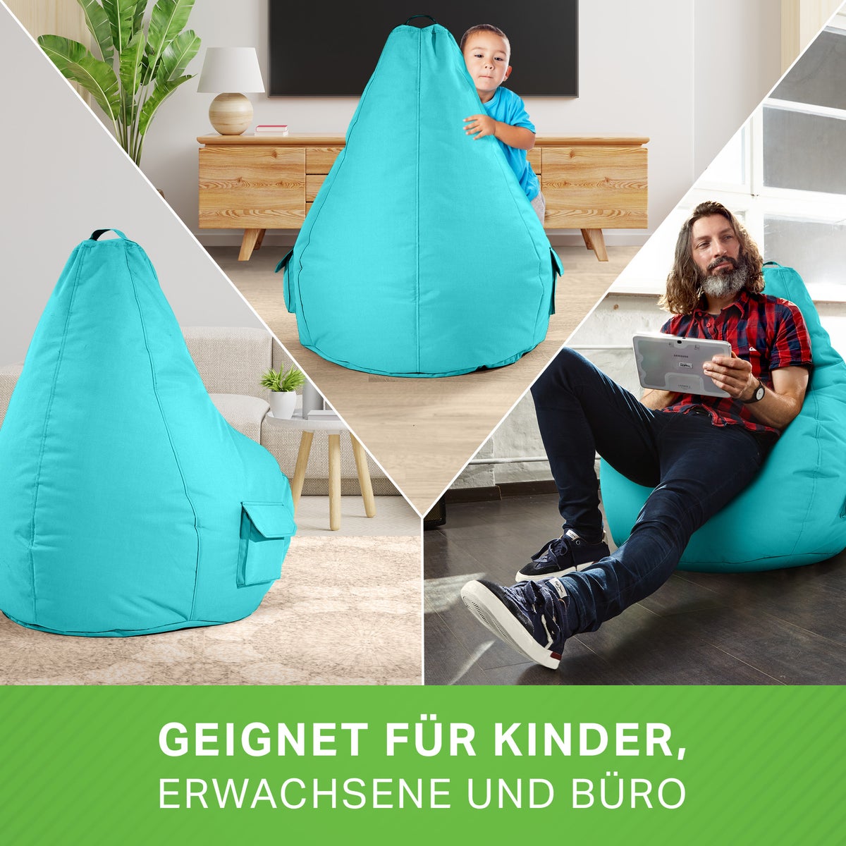 Green Bean Zitzak met rugleuning 80x70x90cm - Gaming stoel met 230L vulling, knuffelzacht, wasbaar - Zitzak vloerkussen, loungestoel, voetenbank, relaxstoel, gamerstoel, aquamarijn