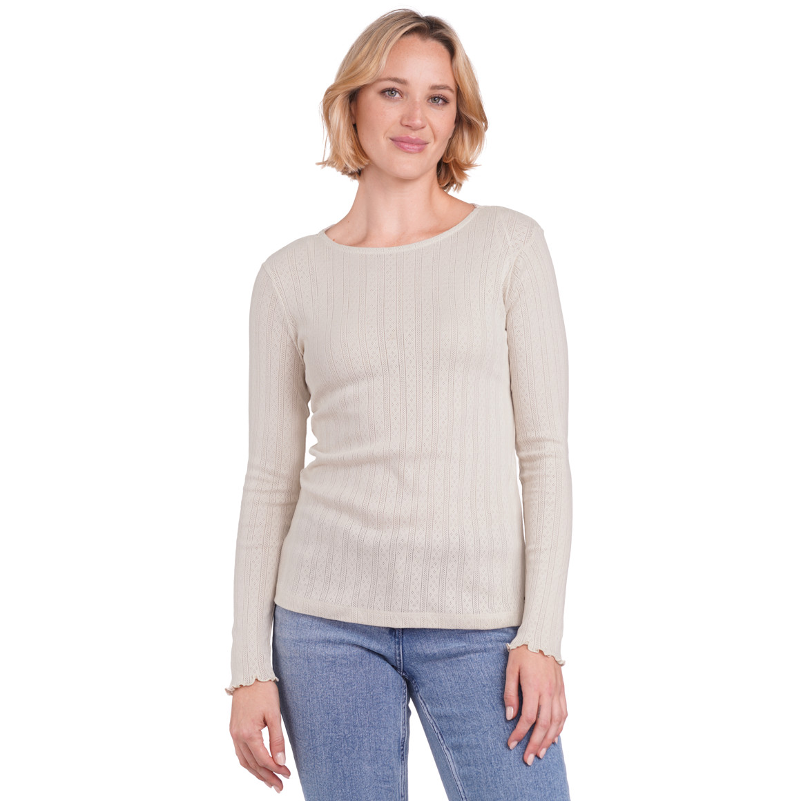 Gina Damen Langarmshirt mit Jaquardmuster beige