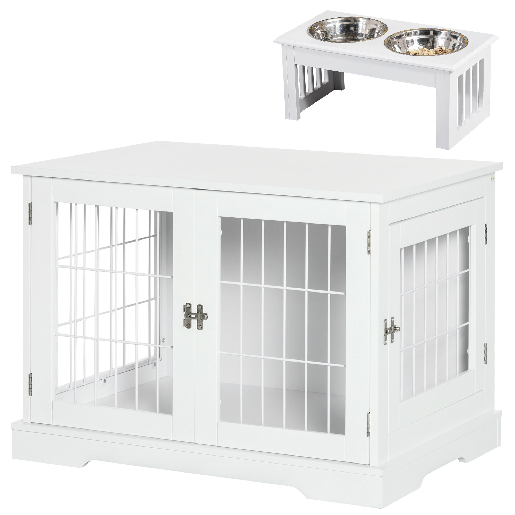 Conjunto para animais de estimação PawHut, gaiola de madeira para cães com 2 portas e comedouro elevado com 2 tigelas removíveis de aço, 76x54,5x56 cm, 44x24x15 cm, branco