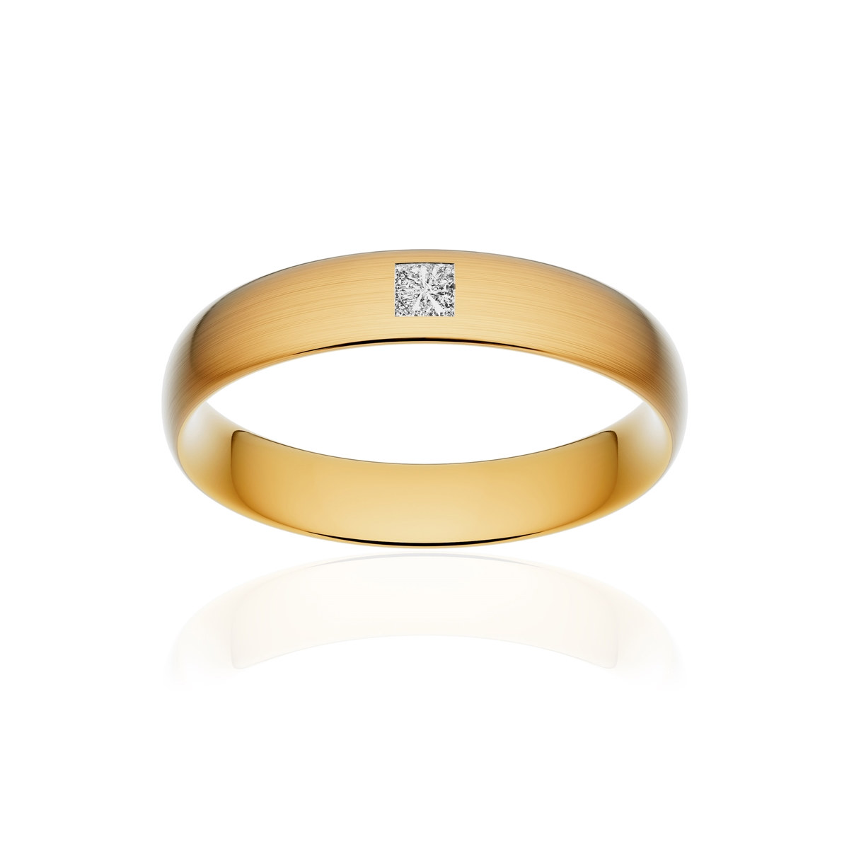 Alliance or 750 jaune brossé demi-jonc confort 4,5mm diamant princesse