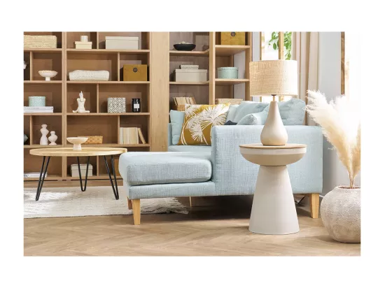 Table d'appoint ronde design avec rangement en métal grège et bois manguier massif H52 cm TAM