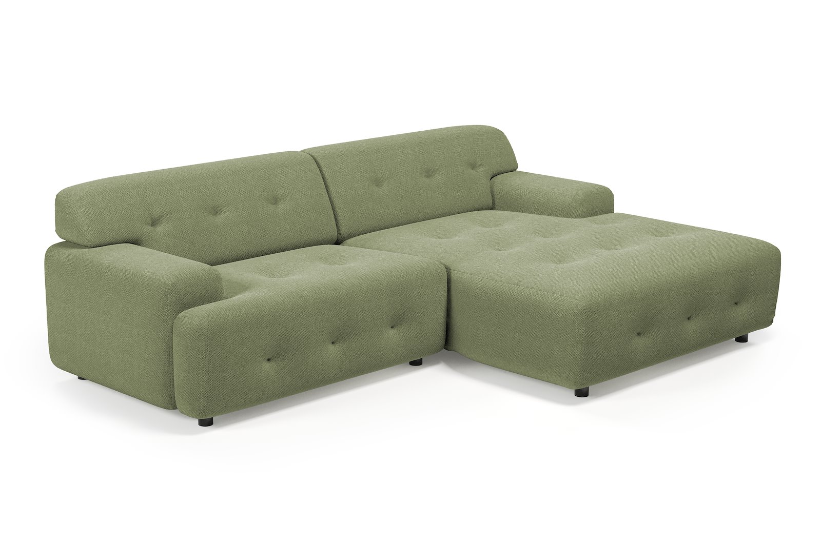 Bob sofa 1,5-seter med sjeselong høyre. Tekstil Mito 55 Pale Green med sorte ben.
