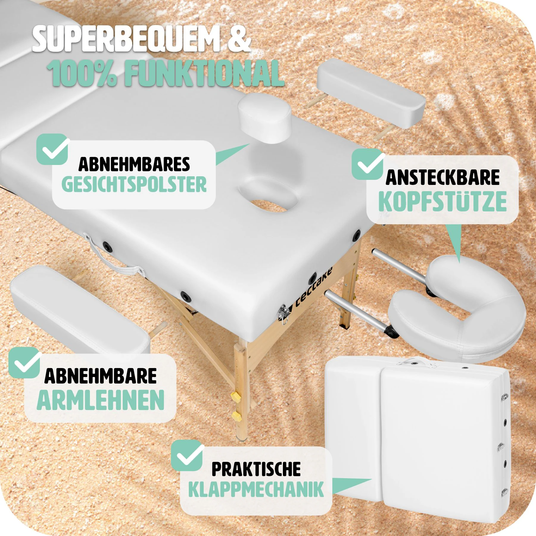 tectake® 3 Zonen Massageliege, Polsterung 7,5 cm, Breite 70 cm mit Holzgestell, verstellbare Ablagen für Kopf und Arme, 218 x 102 x 65 - 90 cm