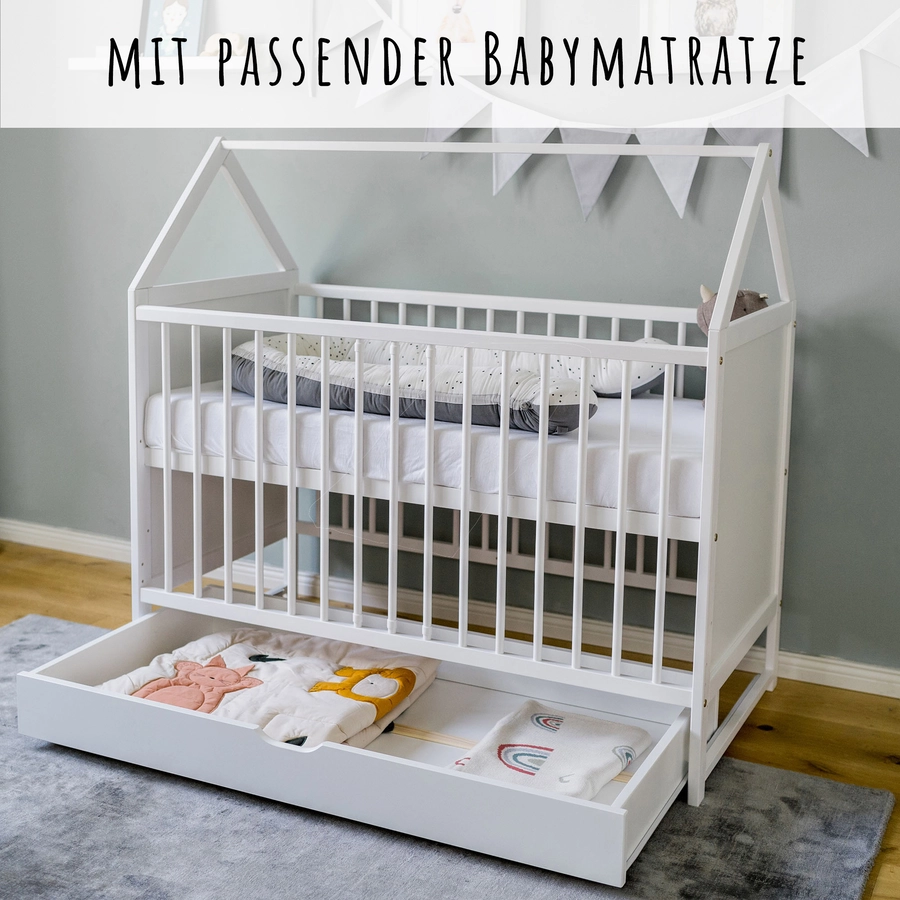 Kids Collective Beistellbett und Hausbett 60x120 cm mit Schublade, umbaubar weiß mit Matratze