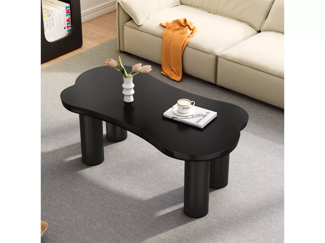 Table basse irrégulière en forme d'os, plateau en MDF et pieds en PVC, table basse unique avec sous-couches en feutre, dimensions : 113 cm de longueur, 58 cm de largeur, 40,5 cm de hauteur
