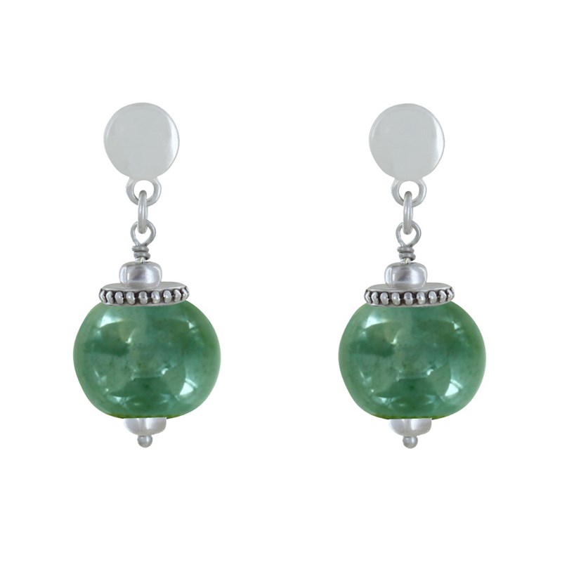 Boucles d'Oreilles Clous Métal Argenté et Grosses Perles en Céramique
