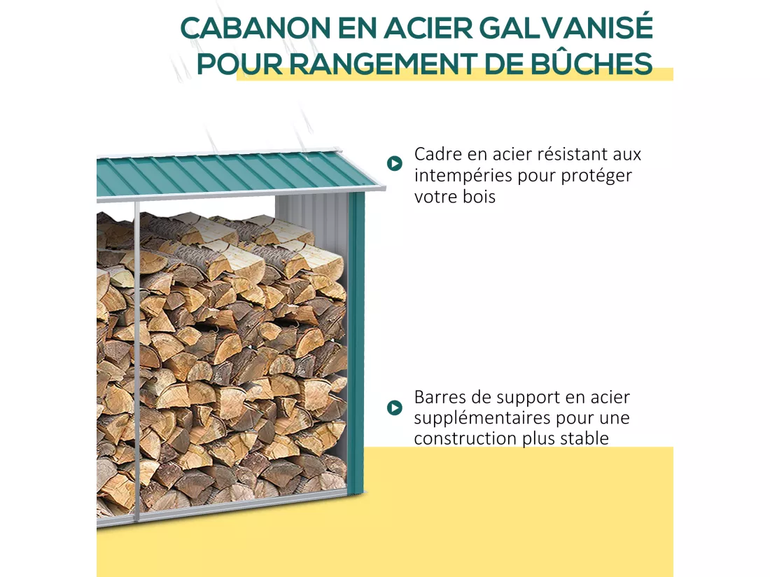 Abri bûches de stockage pour bois de chauffage - 240L x 86l x 160H cm - tôle acier galvanisé vert