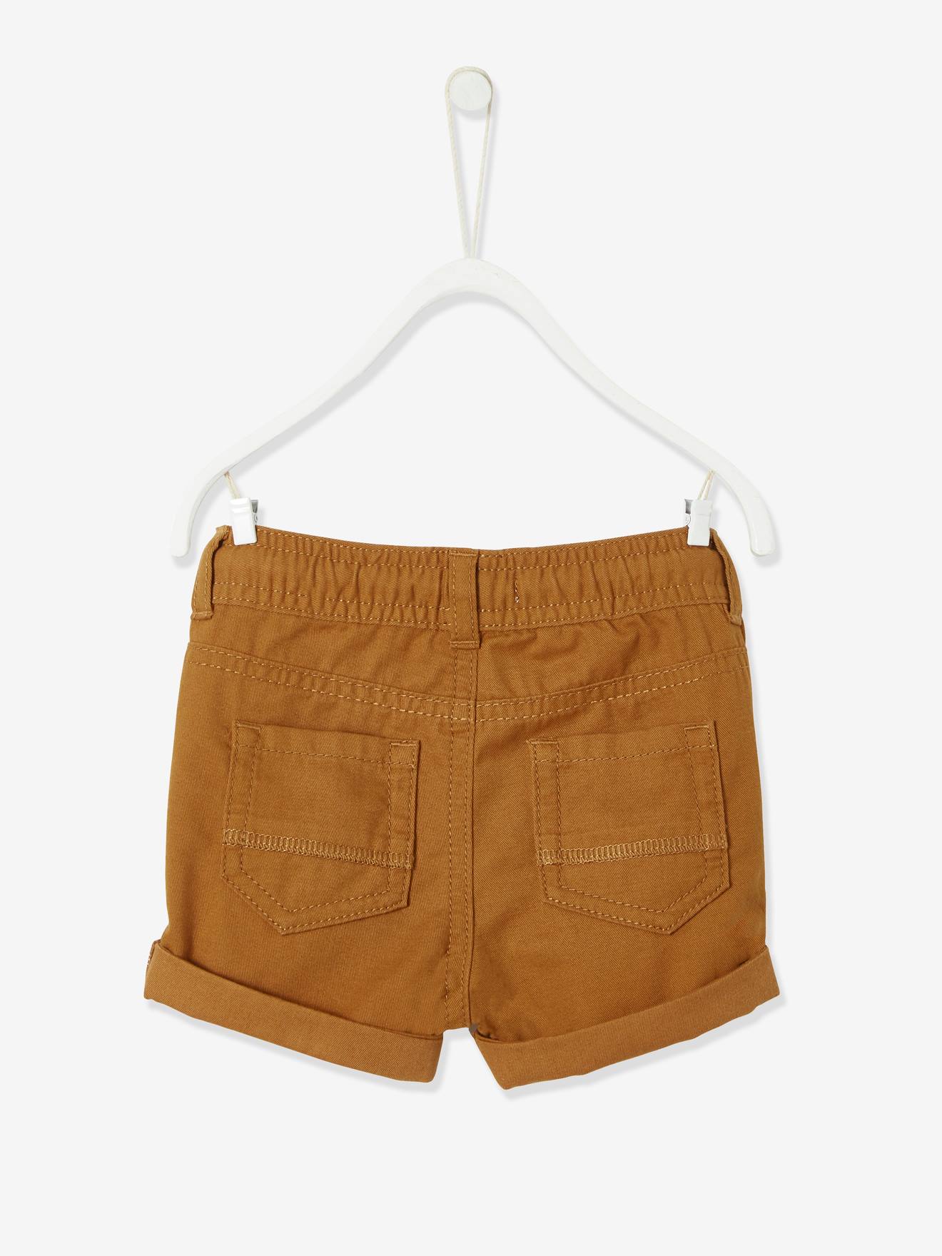 Calções de sarja com cintura elástica para bebé menino, castanho médio, liso.