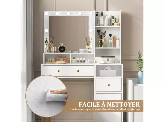 Coiffeuse avec Miroir LED et Tabouret - 115L x 40P x 140H cm - 3 Modes d'Éclairage - Blanc