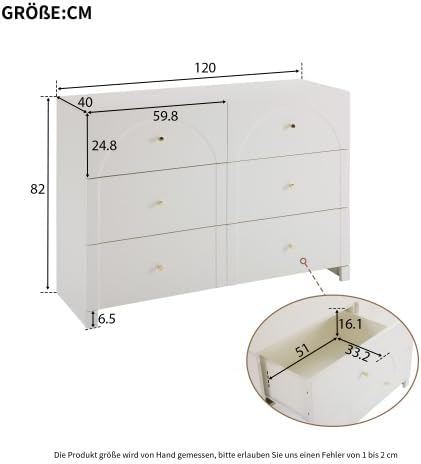 Merax Sideboard Weiß – Romantischer Luxus-Kommodenschrank mit 6 Schubladen, Elegantes Design mit geschwungenen Bögen und Metallgriffen, 120x40x82 cm für Wohnzimmer, Schlafzimmer oder Flur