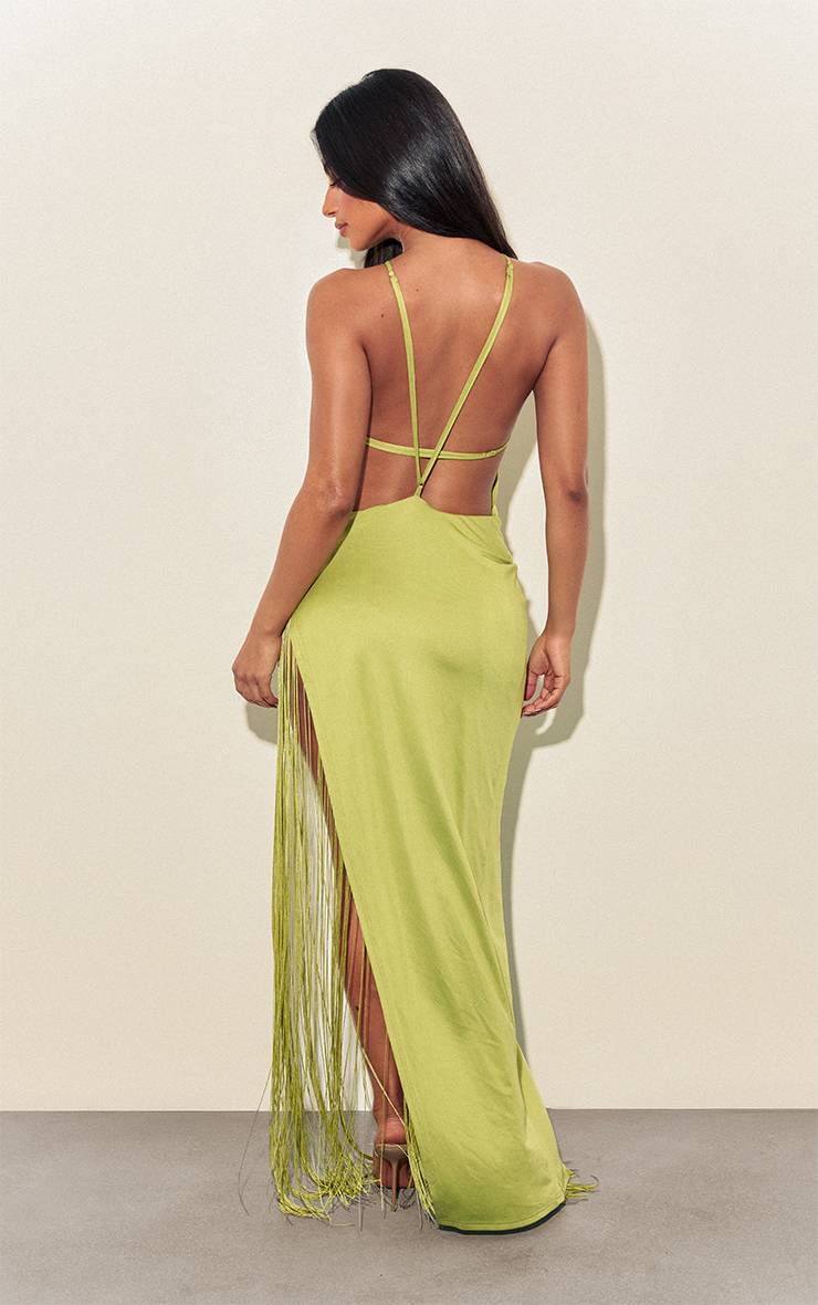 Vert Olive Robe Longue Tissée À Fente Asymétrique Et Franges