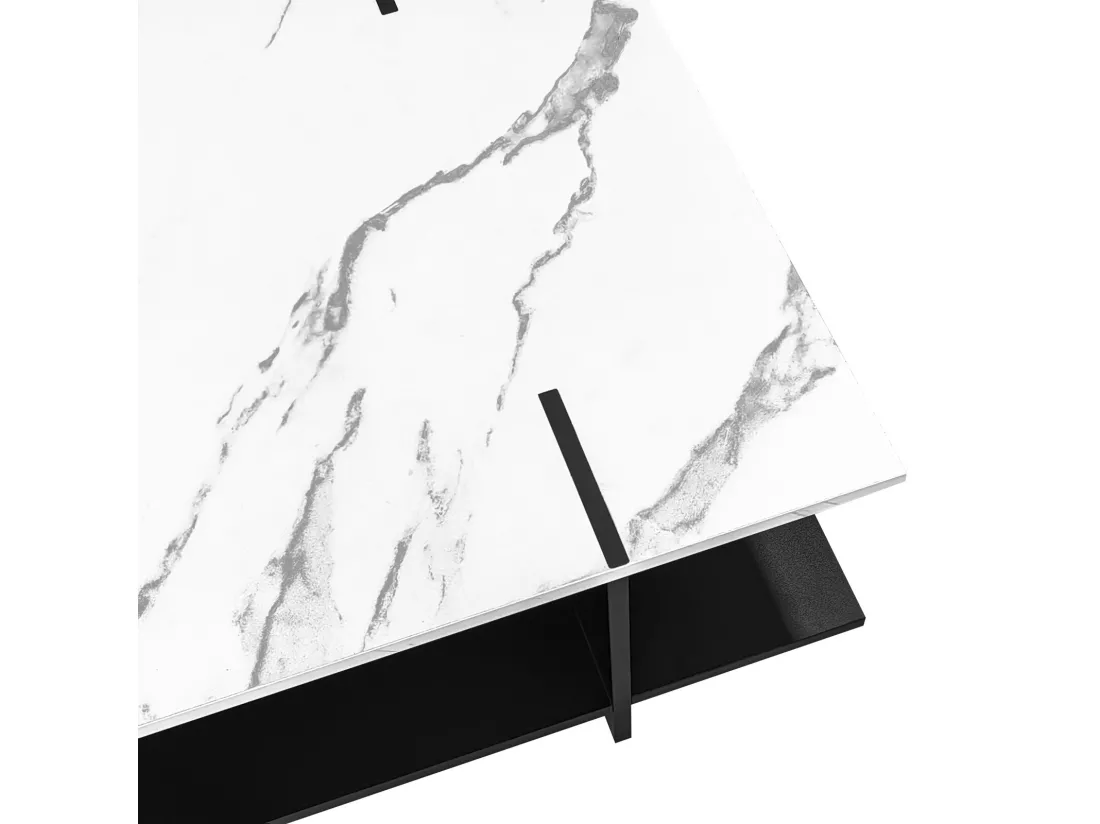 Table basse carrée, look en marbre en MDF, 72x72x31.5cm, Noir+Blanc