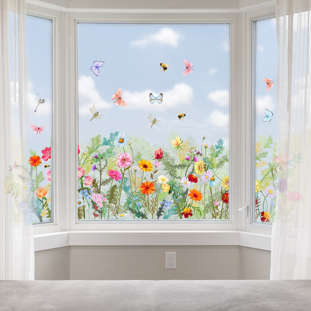 (14er Set) Frühling Fenster Folien Aufkleber Home Deko Fenster Sticker - Schmetterlinge / Blumen