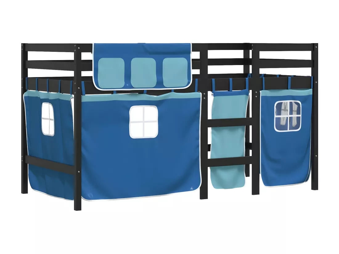 Lit mezzanine enfants et rideaux bleu 90x200cm bois pin massif