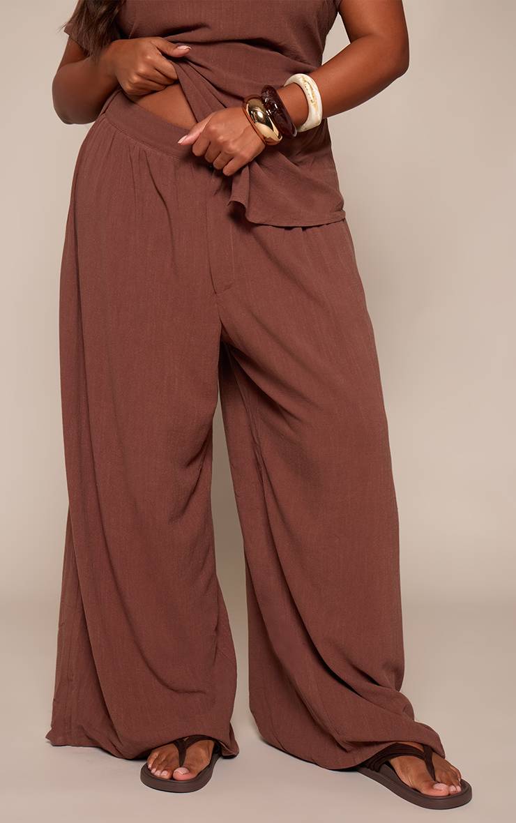 Chocolat Pantalon Large Droit En Tissu Texturé Grande Taille - Ensemble Coordonné
